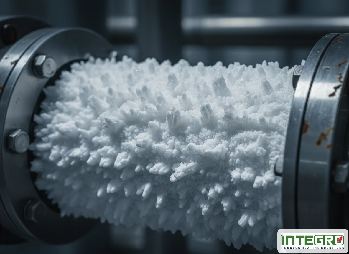 Heavy mineral buildup clogging an industrial waste water evaporator pipe in a treatment facility.