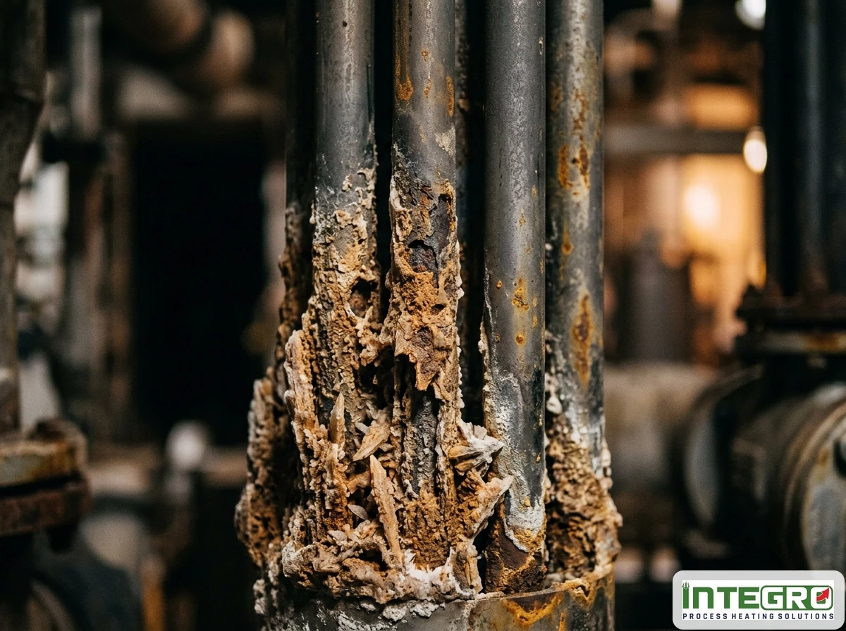 Heavy scale and mineral buildup on industrial pipes inside an effluent evaporator system.