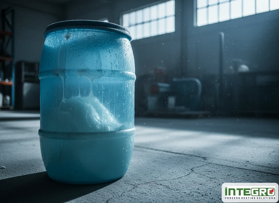 A blue plastic drum showing viscous liquid heating challenges and the importance of proper temperature maintenance for drums.