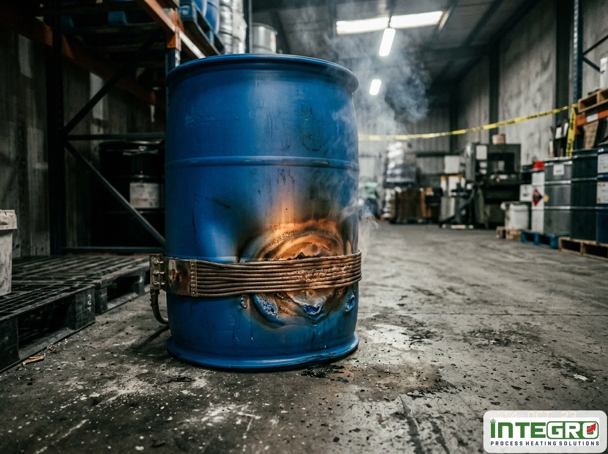 An overheated blue industrial barrel damaged by a rigid industrial barrel heater lacking temperature maintenance.