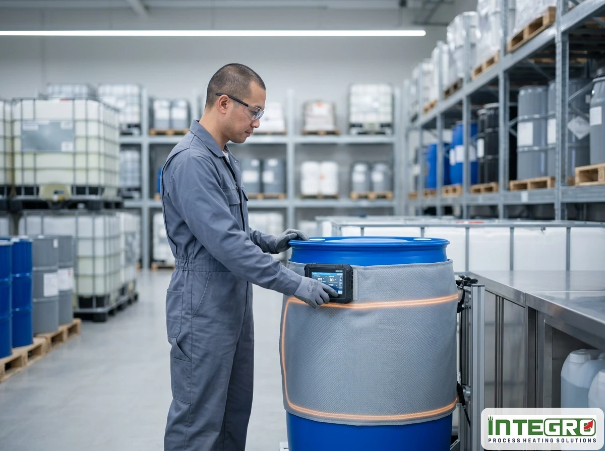 A technician using a drum heating jacket for controlled and uniform heating of SLES in a 210 Litre drum.