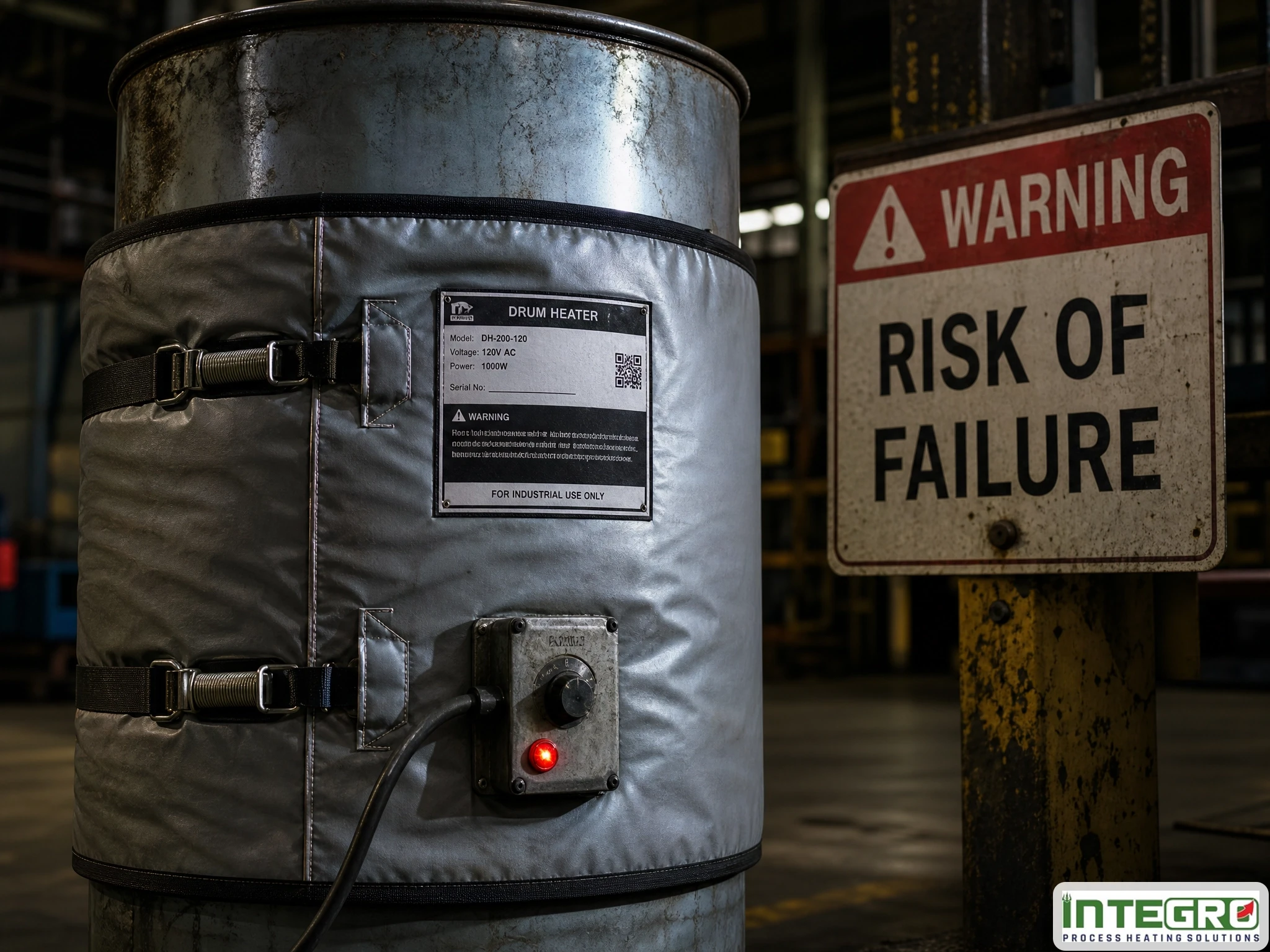An industrial drum heater fitted with a drum heater with thermostat next to a warning sign in a facility.