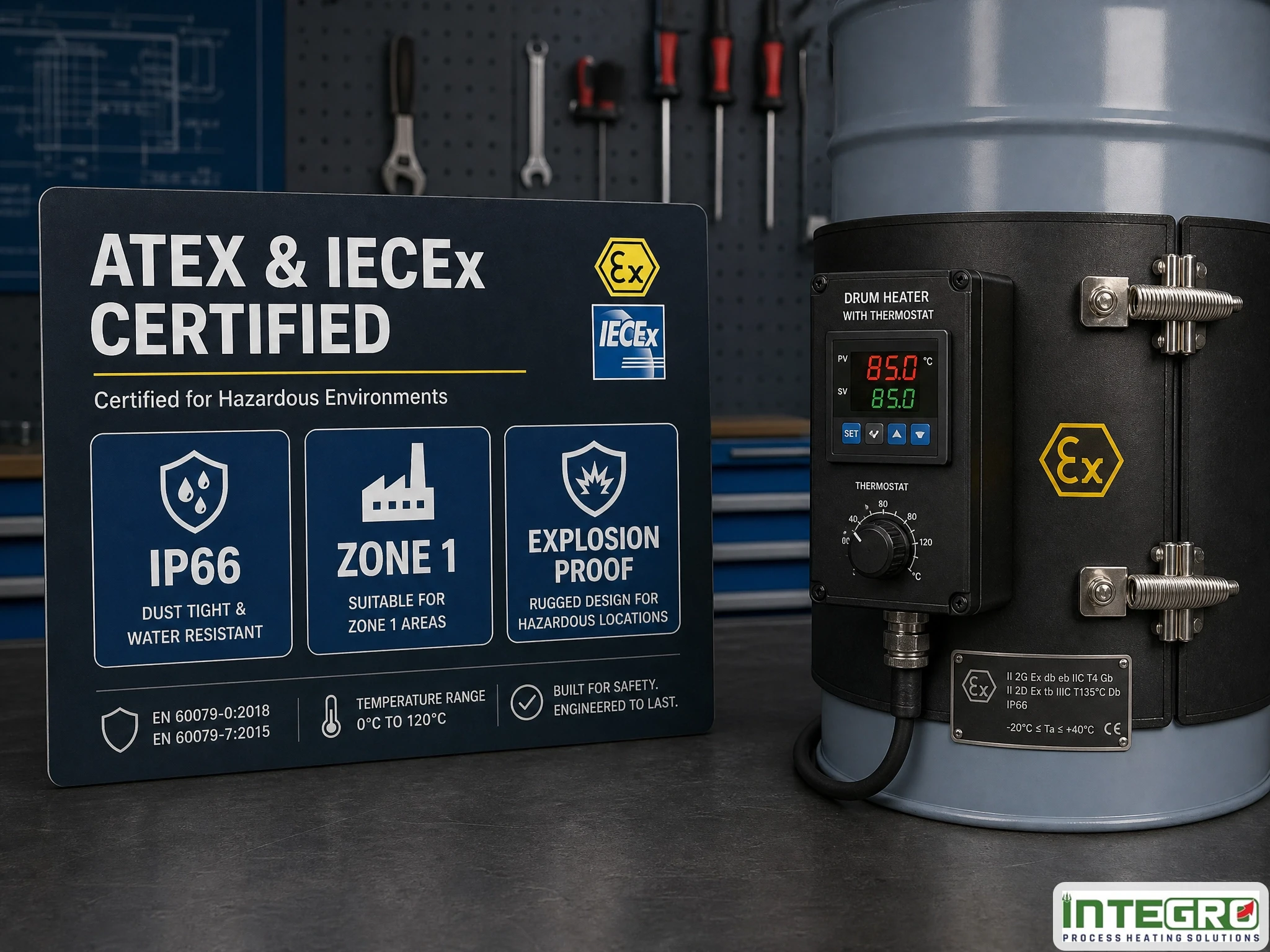 An explosion proof drum heater with thermostat displaying ATEX and IECEx certification for hazardous industrial zones.