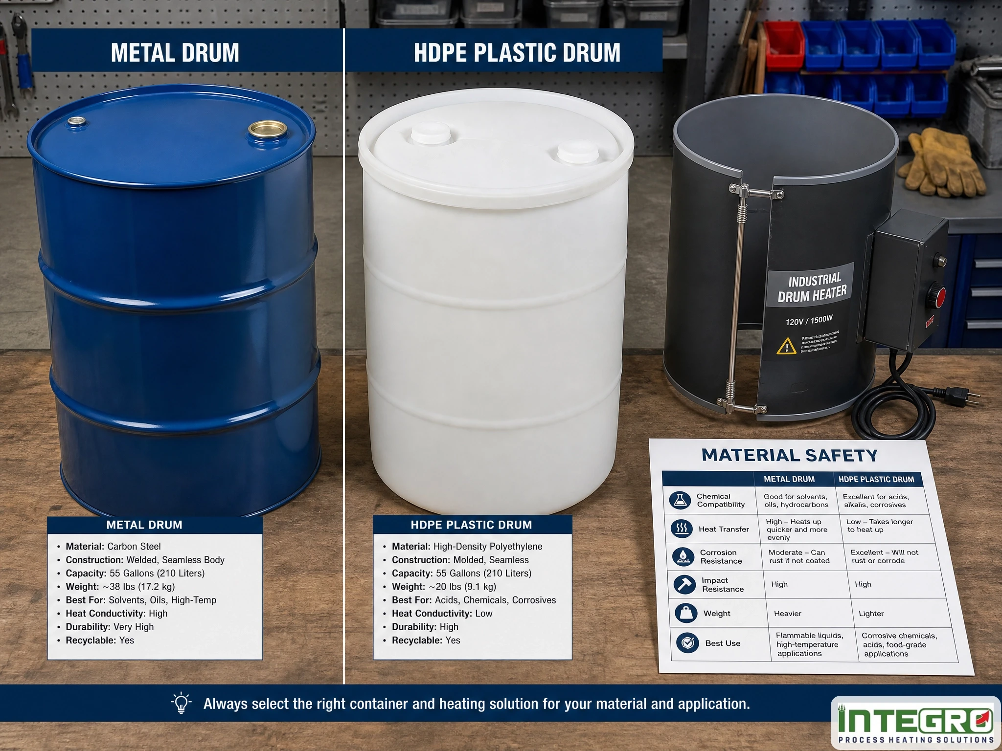 An industrial drum heater shown alongside a metal drum and plastic drum with material safety and compatibility details.