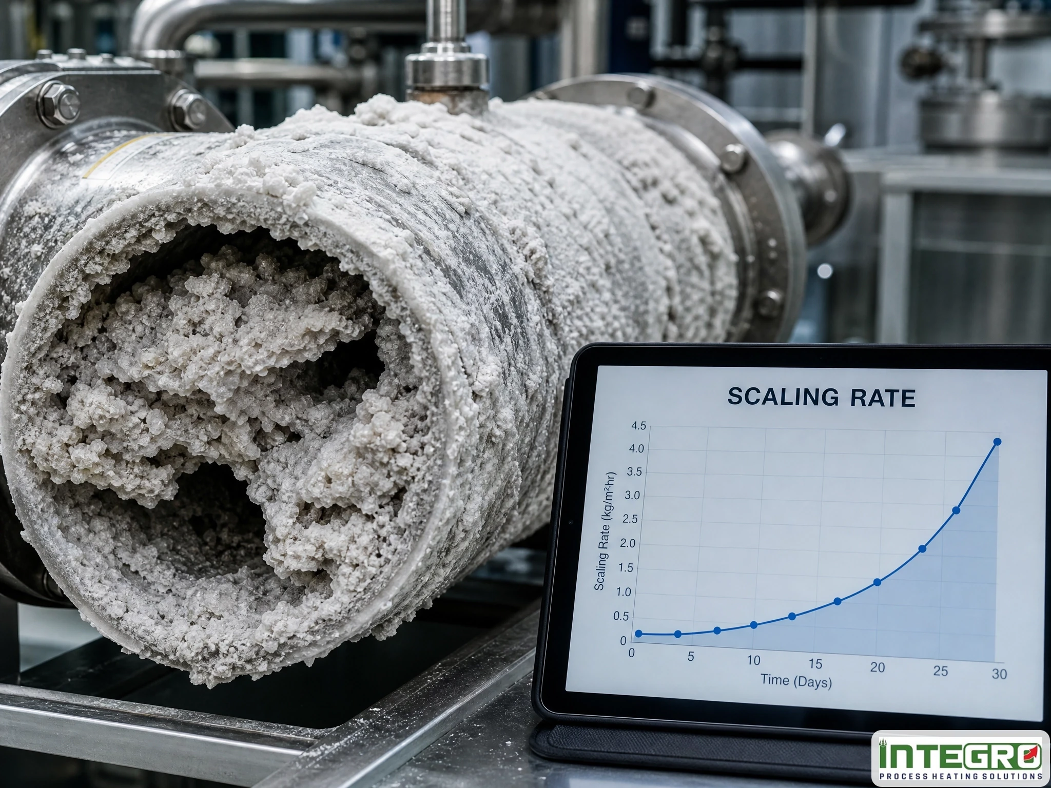 Heavy salt scaling inside a zld evaporator pipe alongside a tablet showing an exponential scaling rate graph.