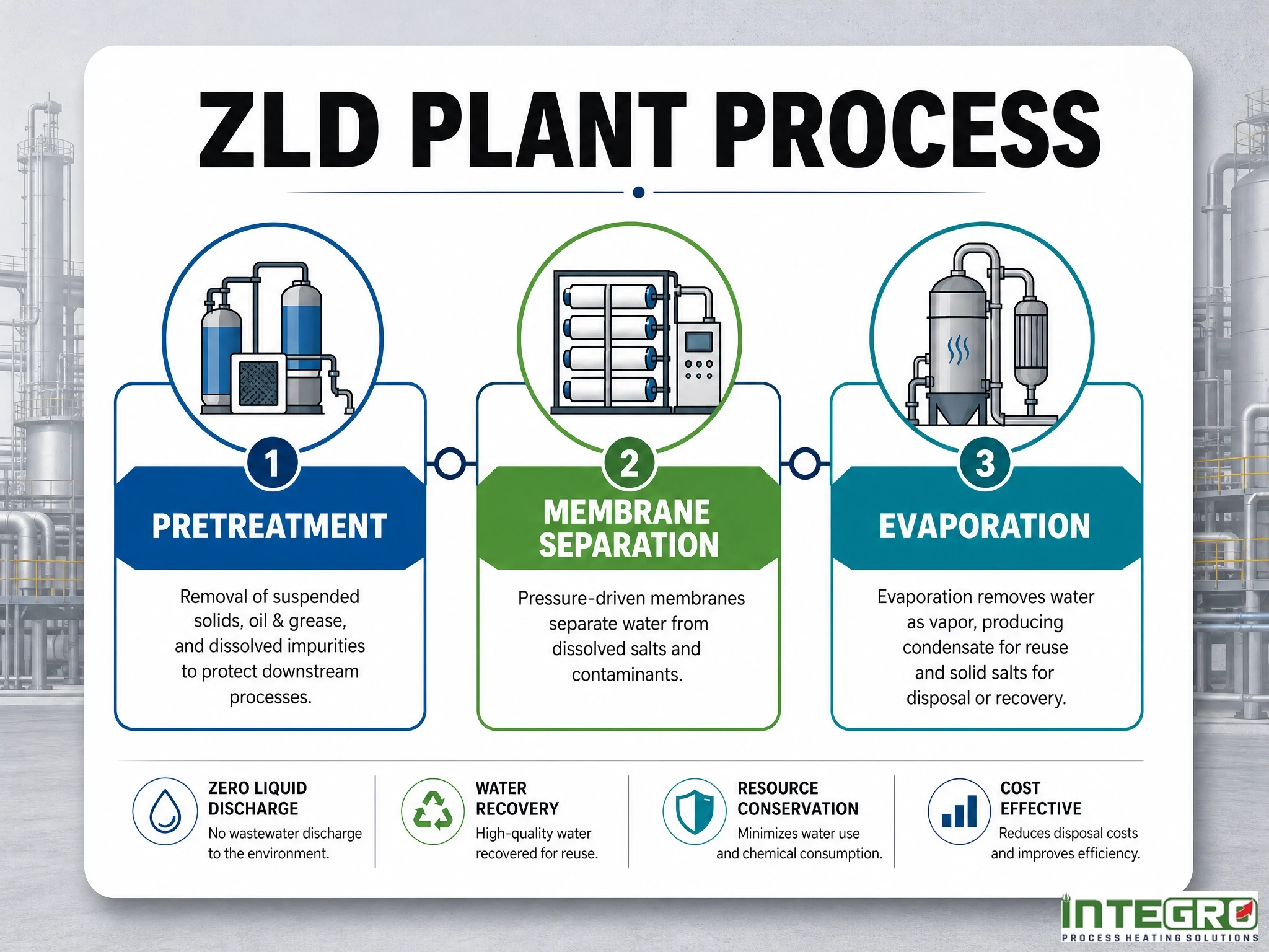 An infographic detailing the zld plant process including pretreatment, membrane separation, and zld evaporator steps for a zero discharge wastewater treatment system.