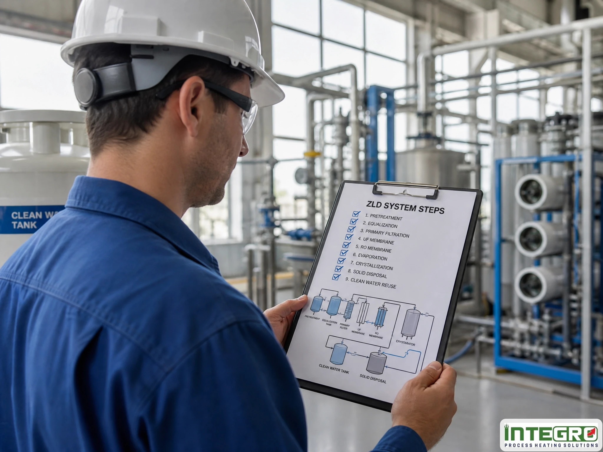 Engineer reviewing a checklist for the zld plant process in a zero discharge wastewater treatment system facility.