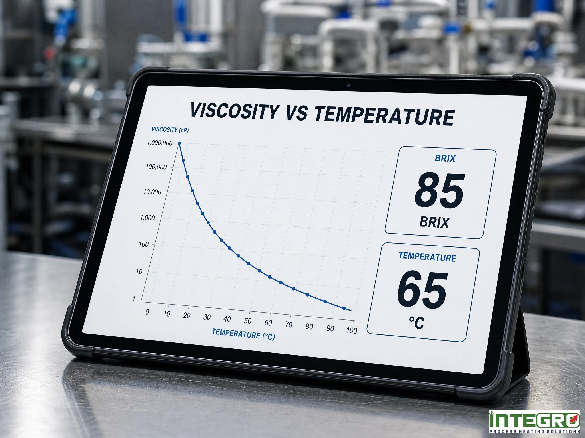 A tablet displaying a viscosity versus temperature graph for heating of viscous liquids and liquid glucose heating.