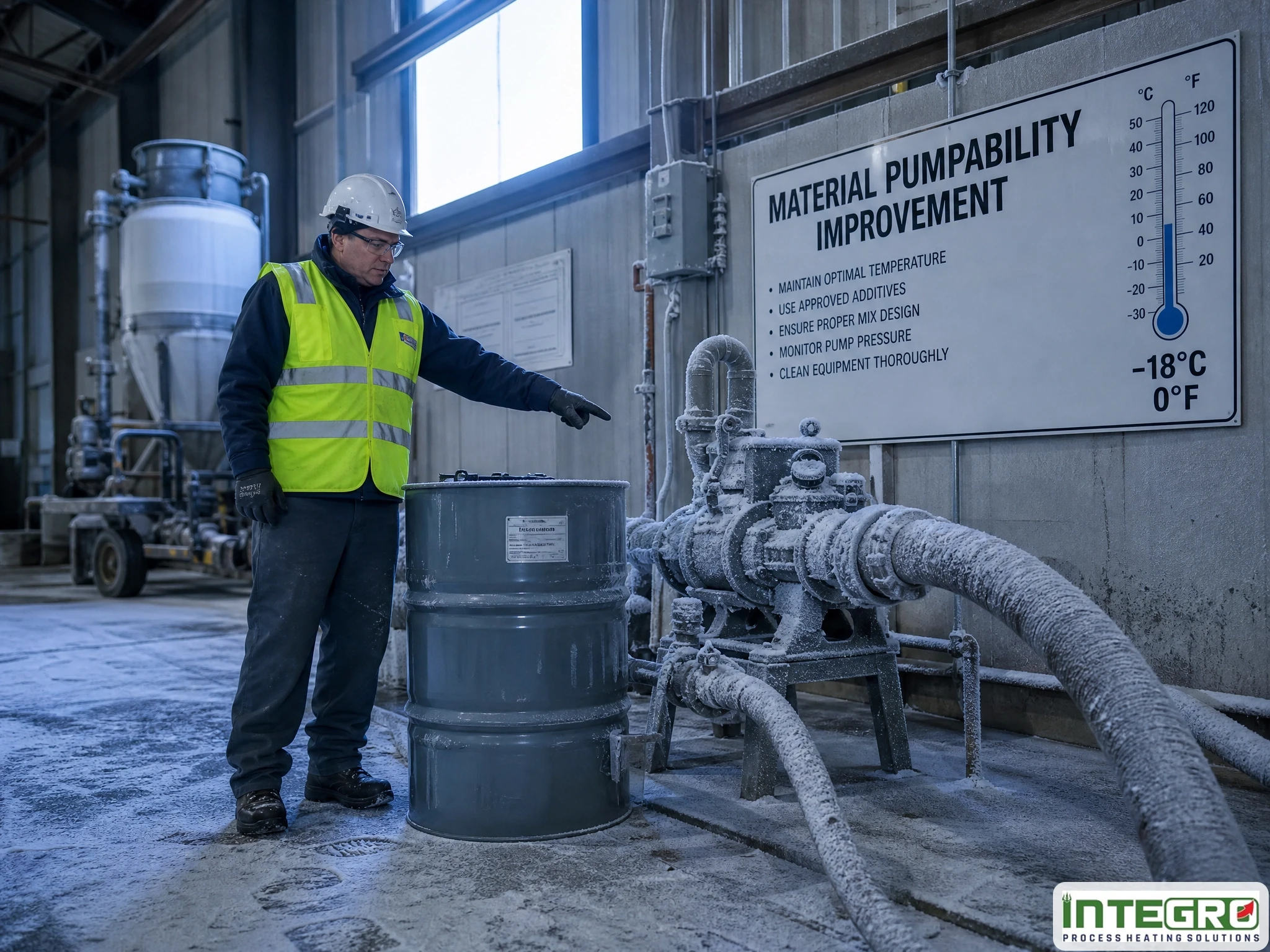 An industrial worker showing material pumpability improvement next to a frozen drum heating system.