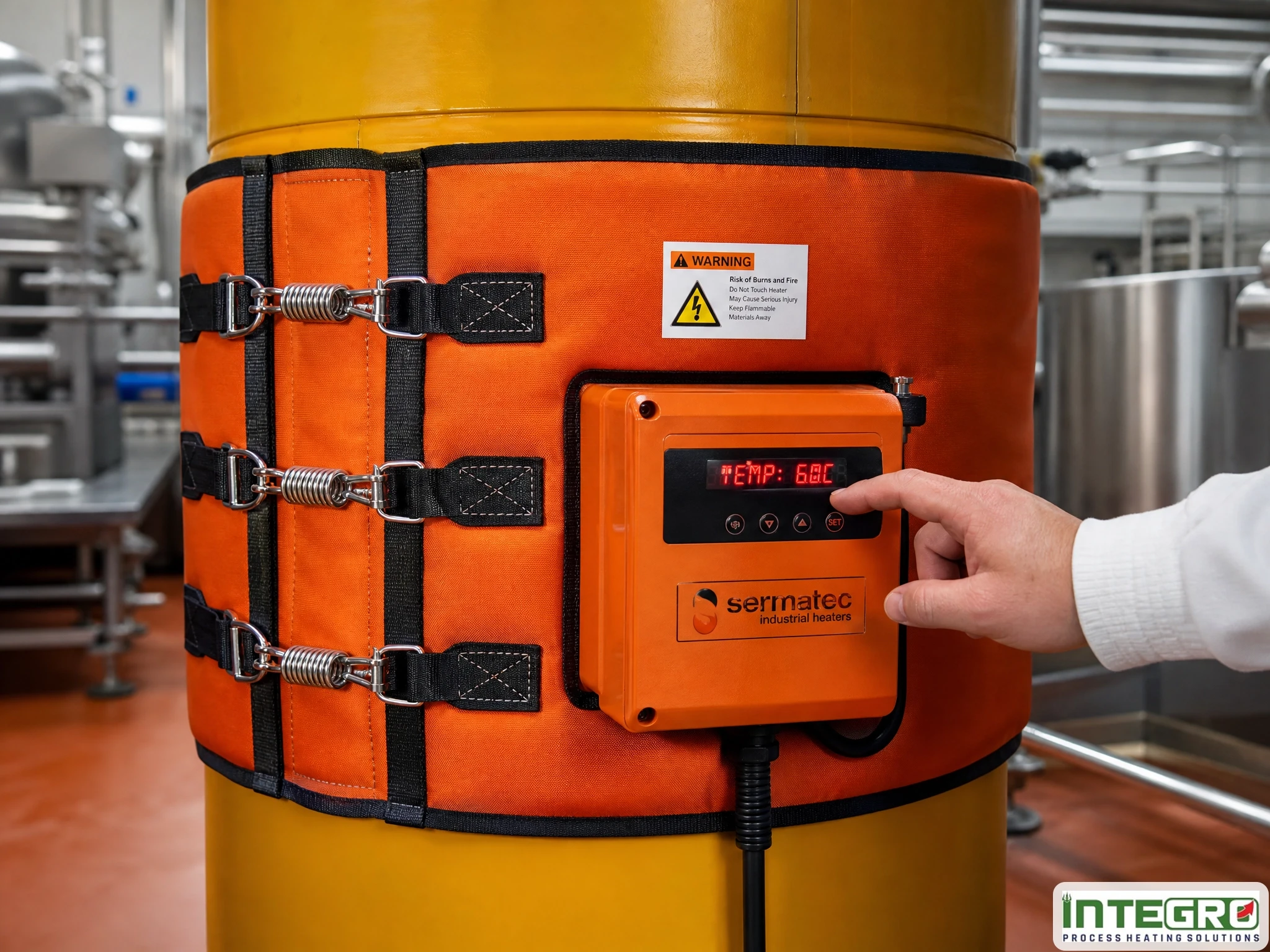 A worker using a drum heating system and jacket for precise temperature maintenance for drums and industrial heating.