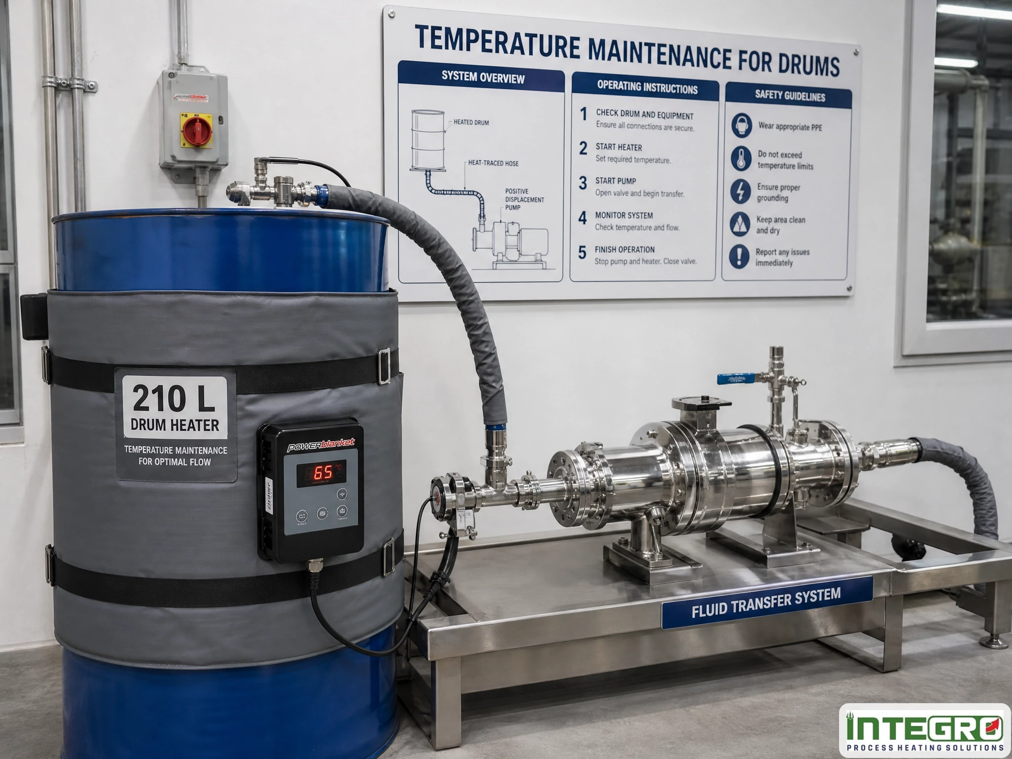 A 210 litre drum heating jacket connected to a pump system for material pumpability improvement.