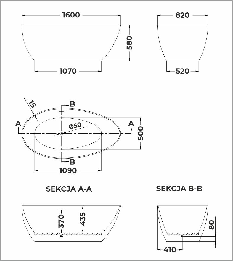 SOME WANNA WOLNOSTOJĄCA AKRYLOWA DROP 1600x820x580 CZARNA DM630-1600T