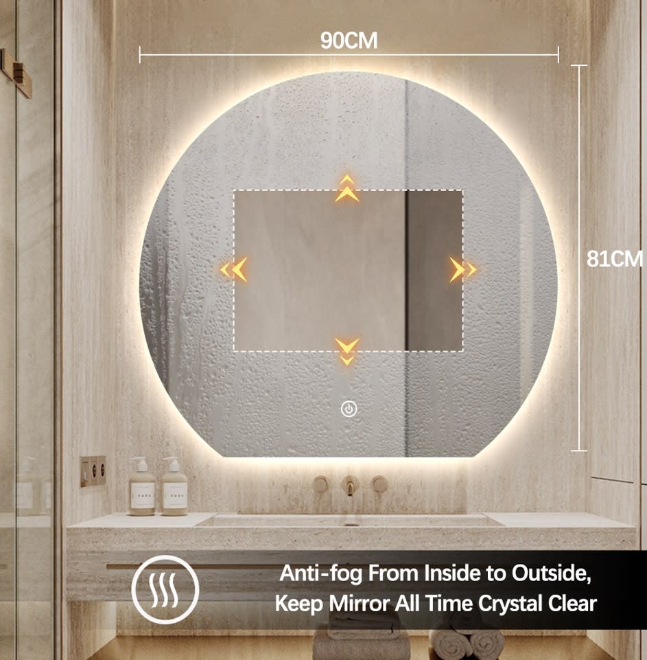 LUSTRO ŁAZIENKOWE AURA OKRĄGŁE ZE ŚCIĘTYM DOŁEM 81X90 CM OŚWIETLENIE LED, MATA GRZEWCZA