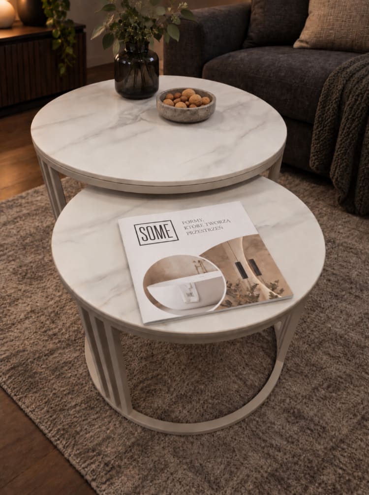 STOLIKI KAWOWE Z BLATEM ZE SPIEKU KWARCOWEGO HORIZON/CASHMERE O60 cm / O80 cm