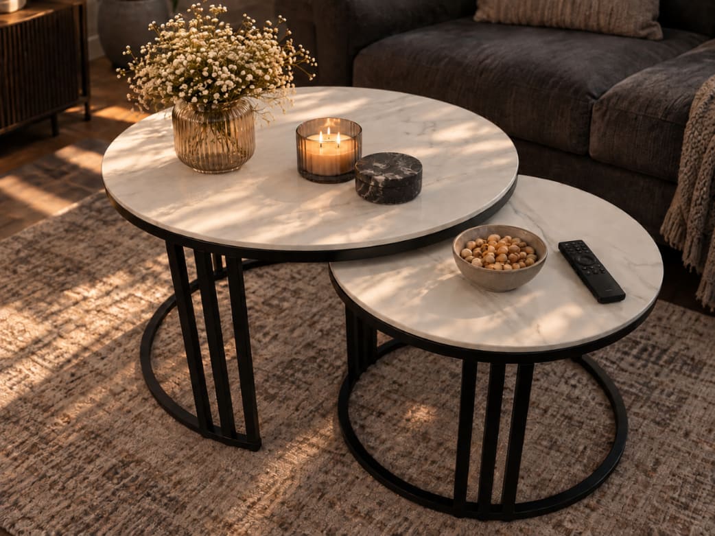 STOLIKI KAWOWE Z BLATEM ZE SPIEKU KWARCOWEGO HORIZON/BLACK O60 cm / O80 cm