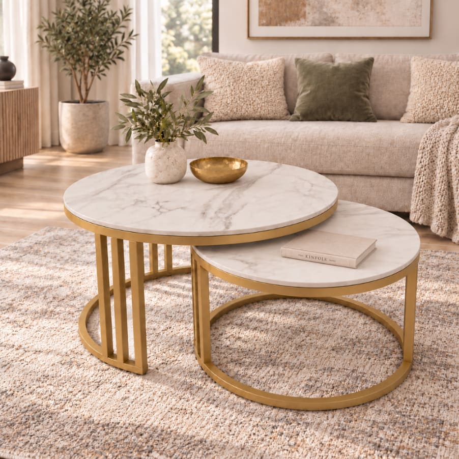 STOLIKI KAWOWE Z BLATEM ZE SPIEKU KWARCOWEGO HORIZON/GOLD O60 cm / O80 cm
