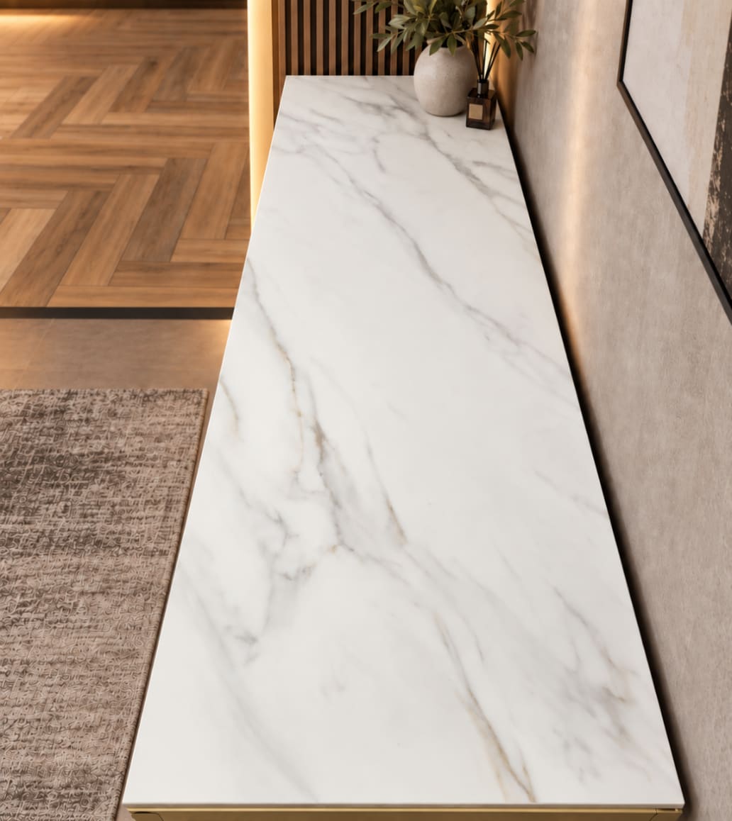 KONSOLA Z BLATEM ZE SPIEKU KWARCOWEGO HORIZON/GOLD 140x38x77,2 cm