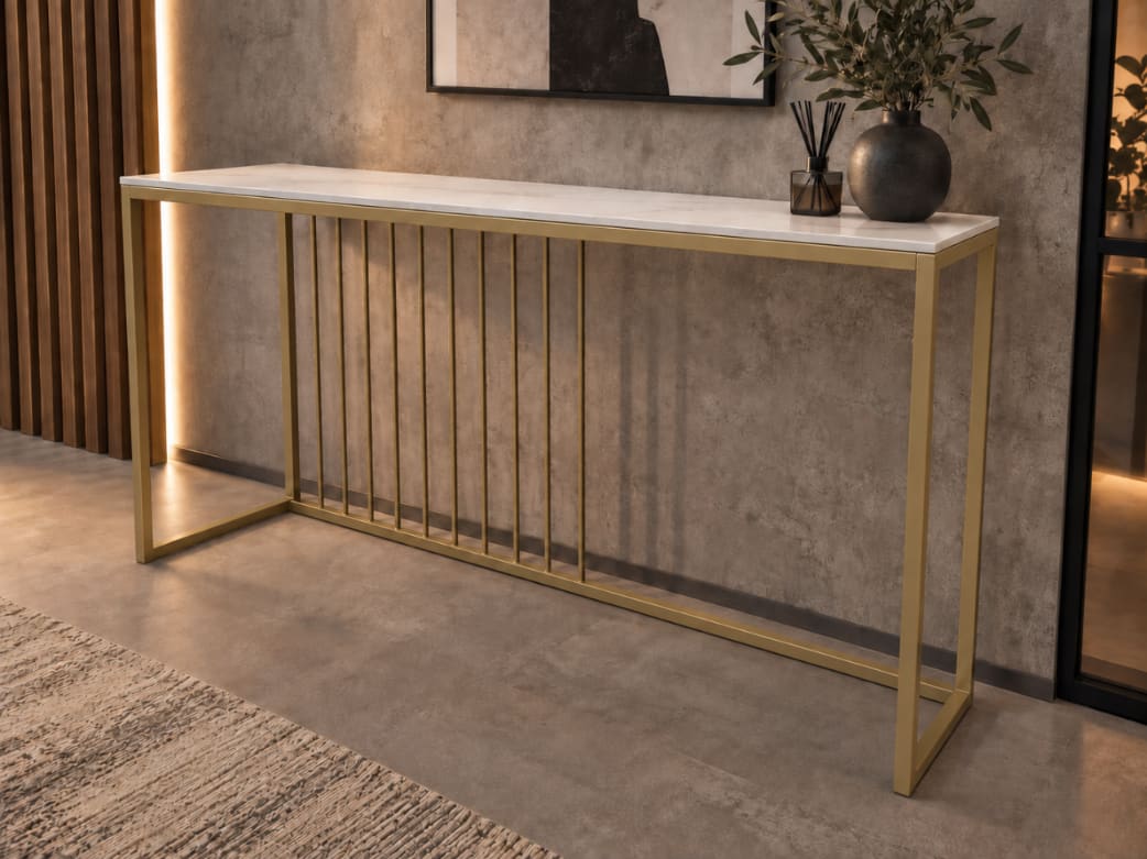 KONSOLA Z BLATEM ZE SPIEKU KWARCOWEGO HORIZON/GOLD 140x38x77,2 cm