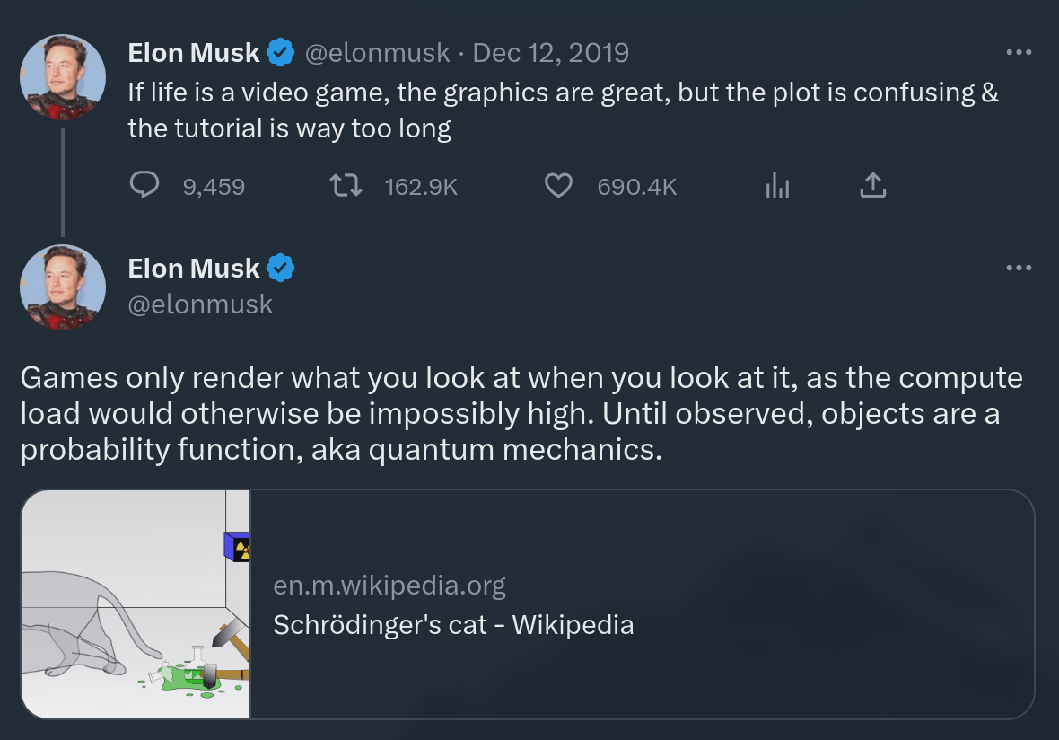 Elon Musk tweet about the matrix