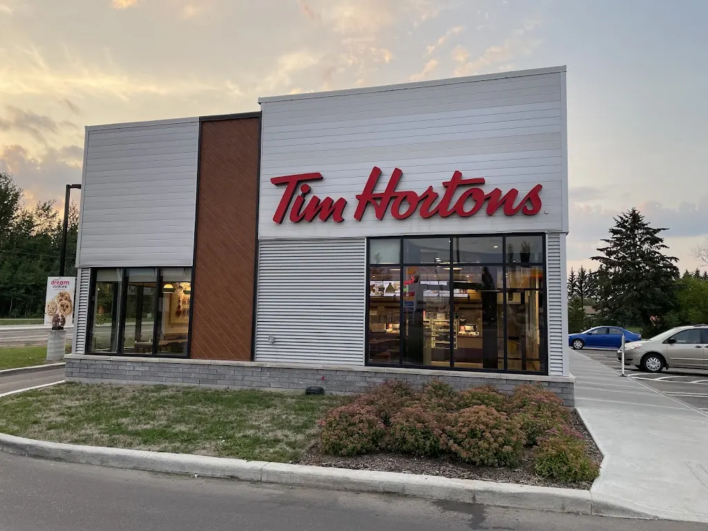 Tim Hortons storefront and interior at 9841 Winterburn Road, Edmonton, AB