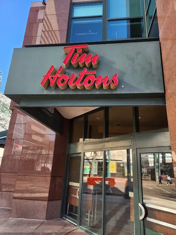 Tim Hortons storefront and interior at 10150 Jasper Ave, Edmonton, AB