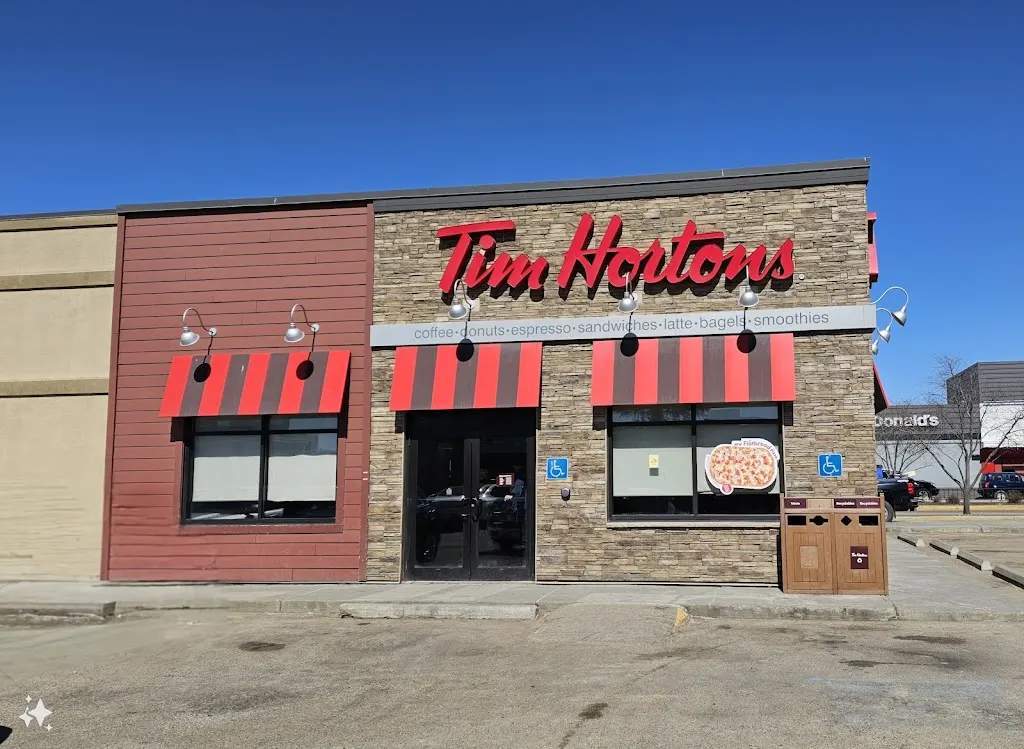 Tim Hortons storefront and interior at 11240 Groat Rd North West, Edmonton, AB