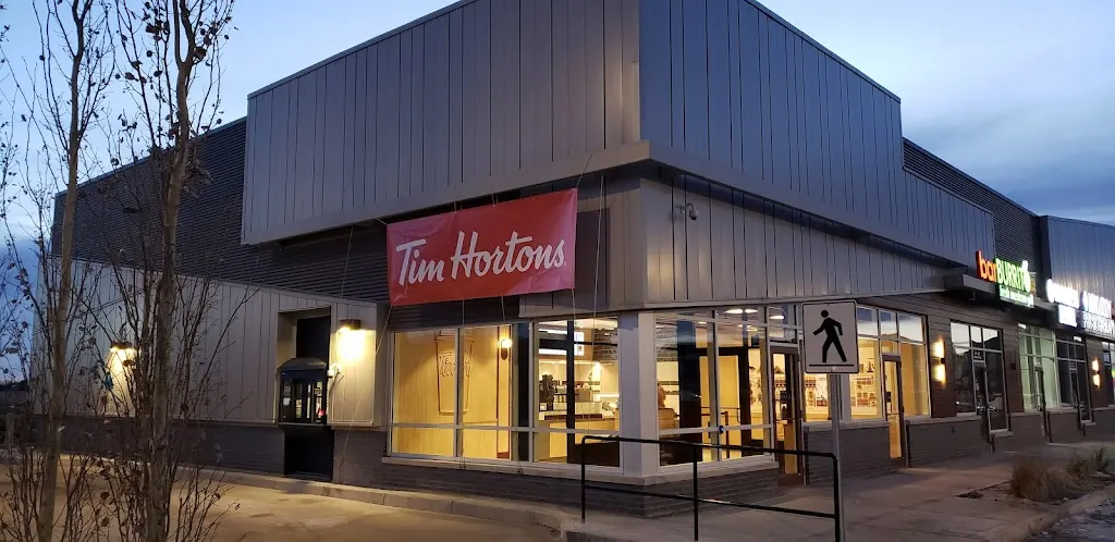 Tim Hortons storefront and interior at #1, 107 Hawthorn Way,, Leduc, AB
