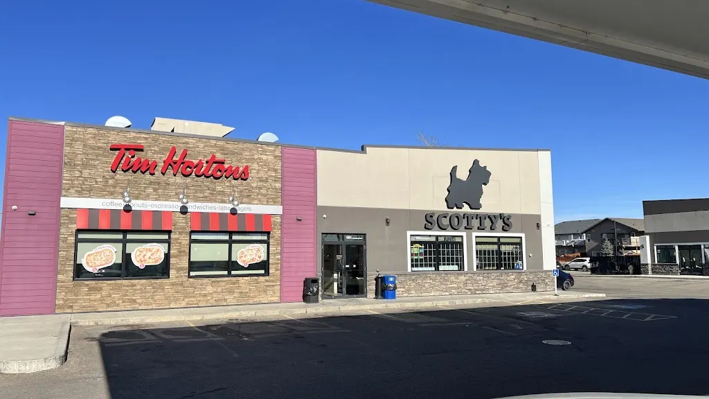 Tim Hortons storefront and interior at 2 Hawkridge Blvd, Penhold, AB