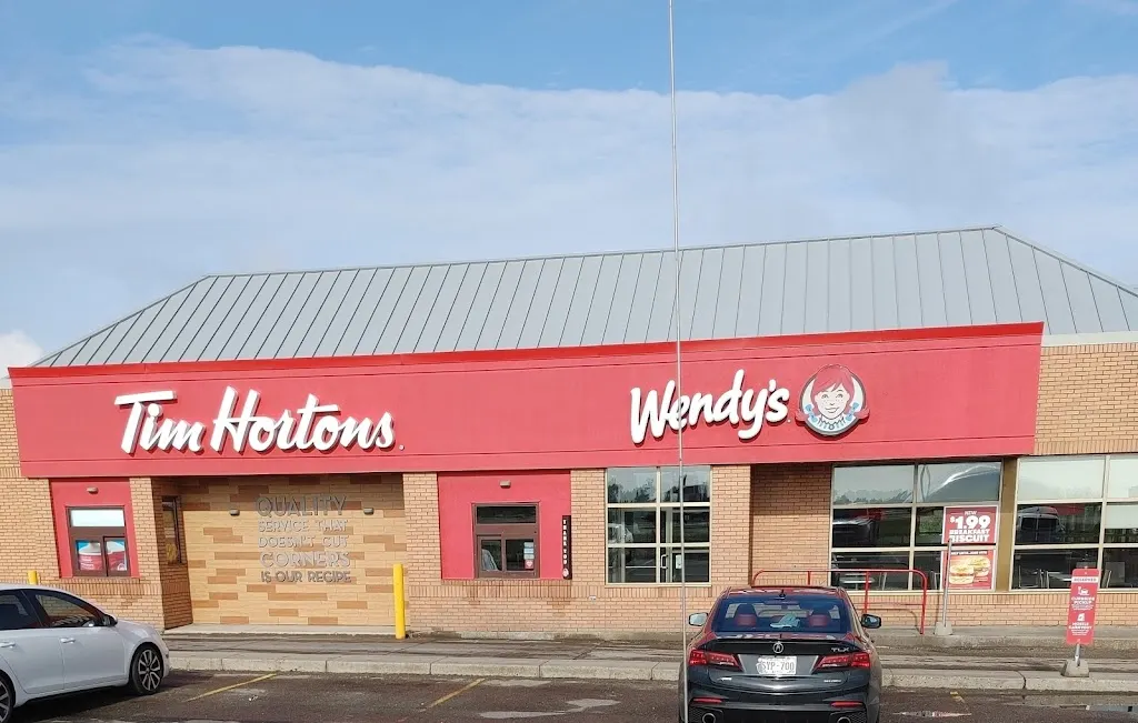 Tim Hortons storefront and interior at 37543 Hwy 2 North, Red Deer, AB
