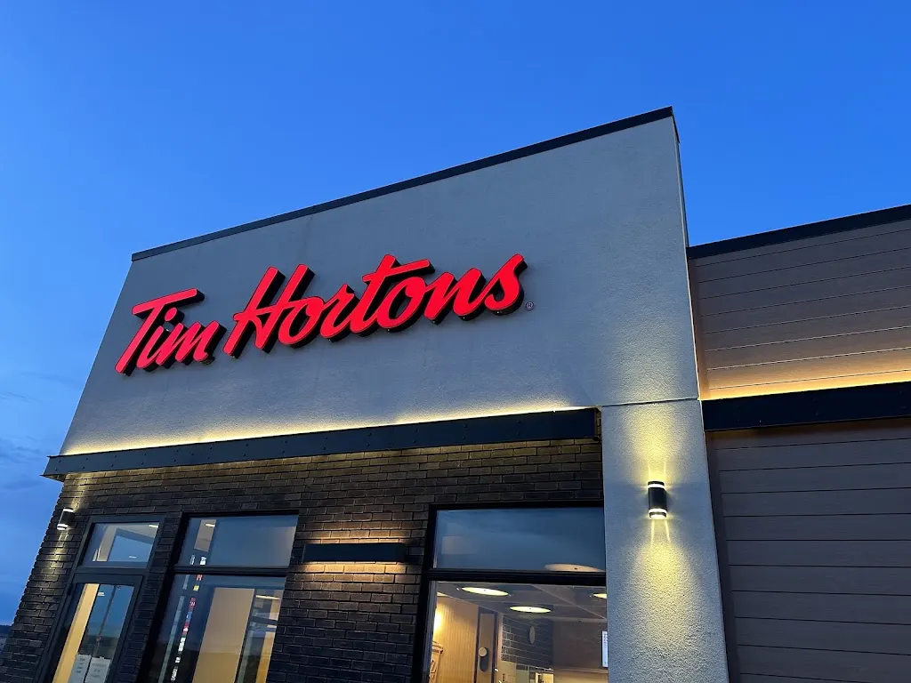 Tim Hortons storefront and interior at Bay 5, 5201 43rd Street, Rimbey, AB