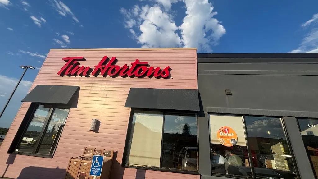 Tim Hortons storefront and interior at 5207 48th St, Rocky Mountain House, AB