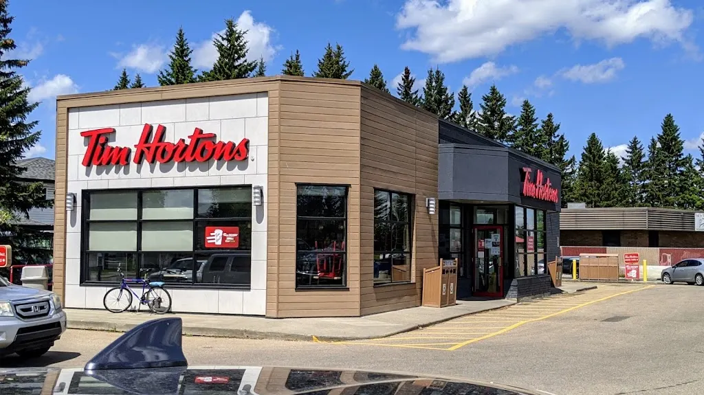 Tim Hortons storefront and interior at 137 Main Blvd, Sherwood Park, AB