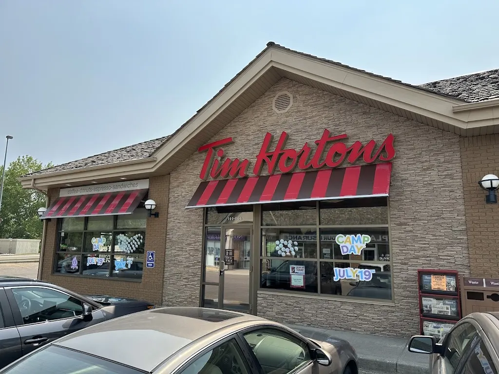 Tim Hortons storefront and interior at 664 Wye Rd, Sherwood Park, AB