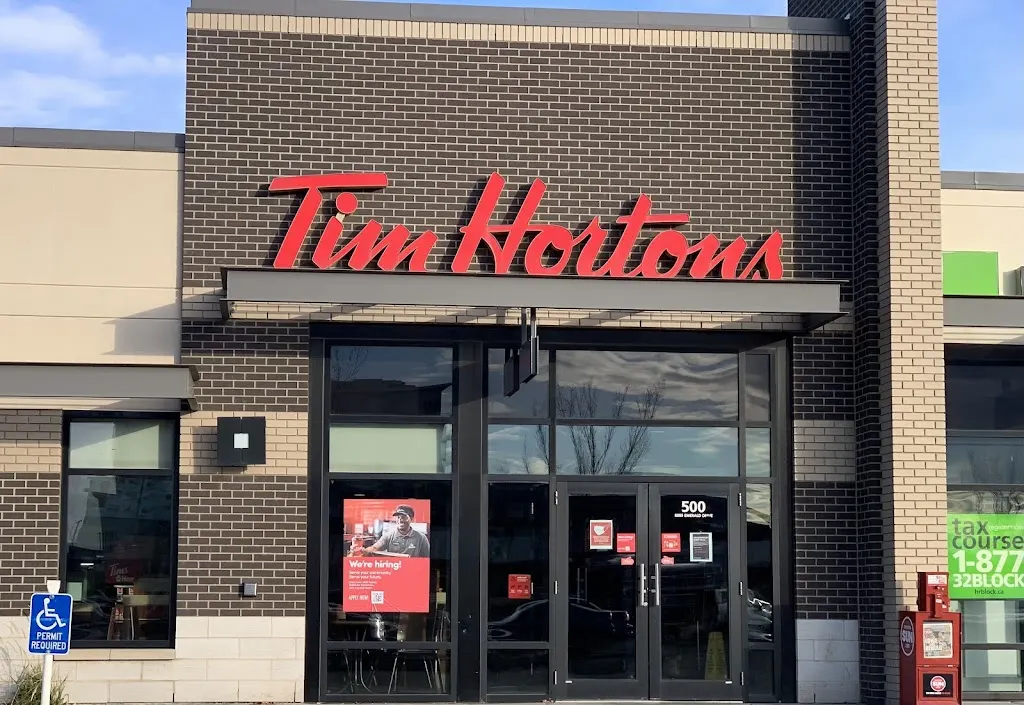 Tim Hortons storefront and interior at 8005 Emerald Dr, Sherwood Park, AB
