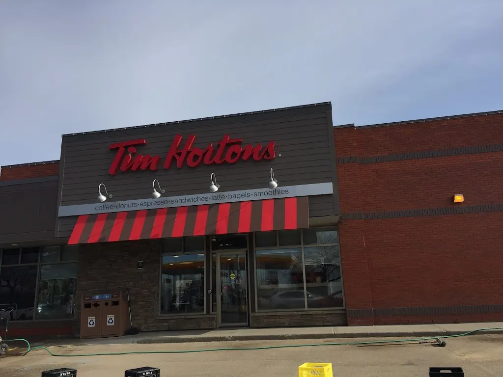 Tim Hortons storefront and interior at 2 Hebert Road, St Albert, AB