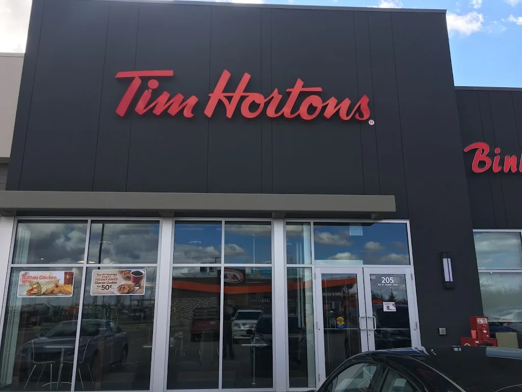 Tim Hortons storefront and interior at 205-975 St Albert Trail, St Albert, AB