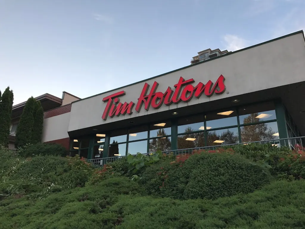 Tim Hortons storefront and interior at 4191 Lougheed Highway, Burnaby, BC