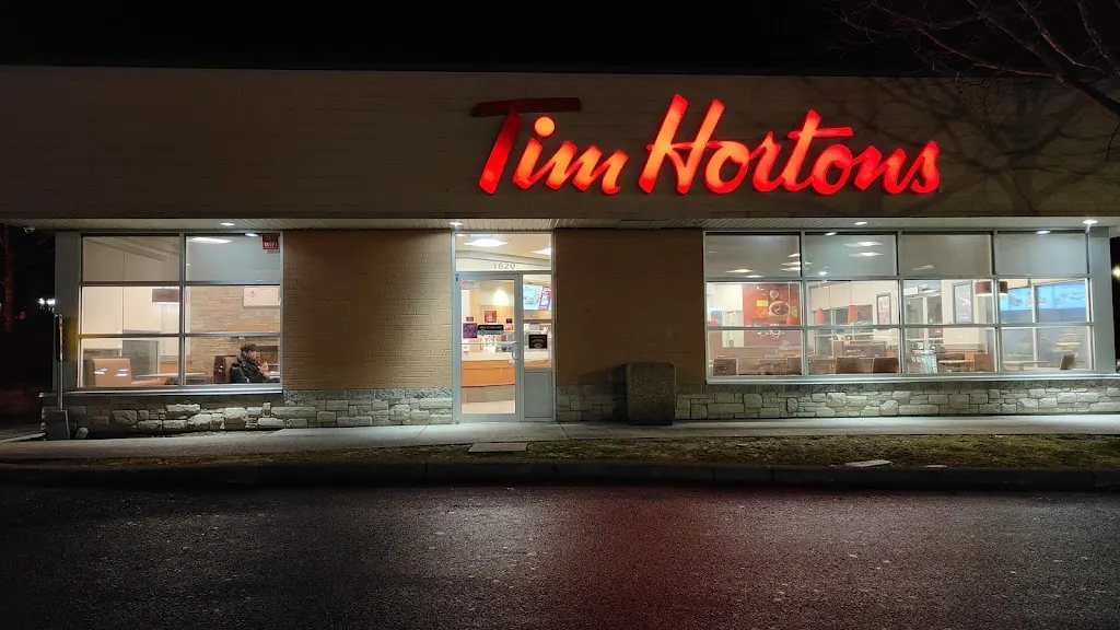 Tim Hortons storefront and interior at 1820 Island Highway, Colwood, BC