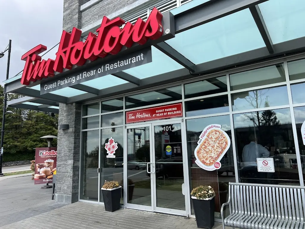 Tim Hortons storefront and interior at 101-955 Austin Ave, Coquitlam, BC