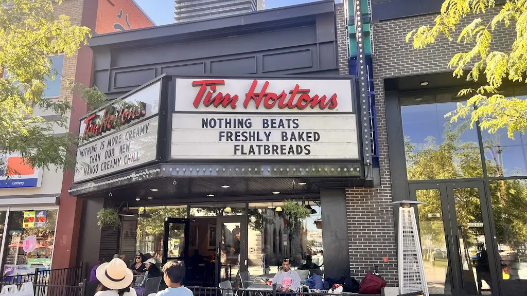 Tim Hortons storefront and interior at 261 Bernard Avenue, Kelowna, BC