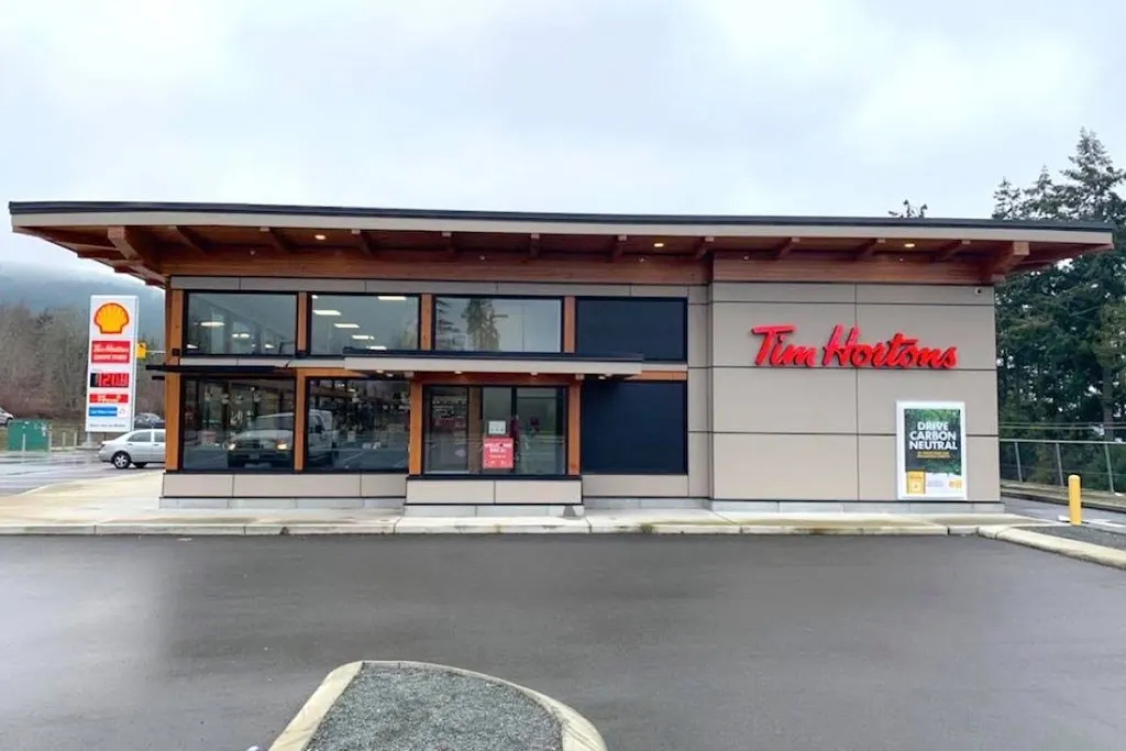 Tim Hortons storefront and interior at 50 Snaw-naw-as Road, Lantzville, BC