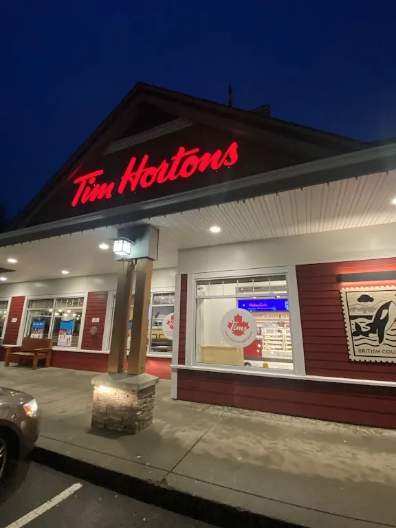 Tim Hortons storefront and interior at 825 Deloume Rd, Mill Bay, BC