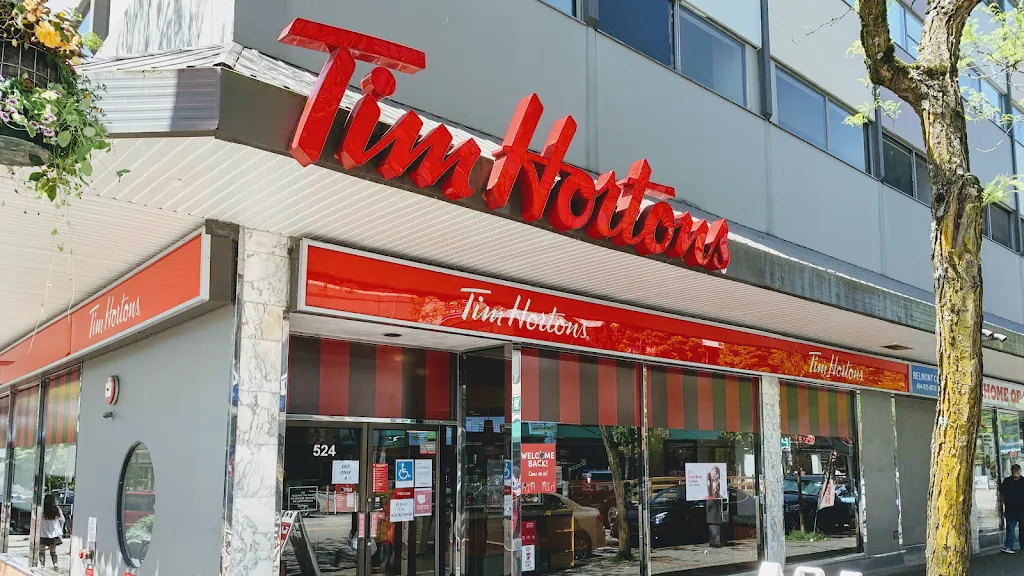 Tim Hortons storefront and interior at 524 6th St, New Westminster, BC