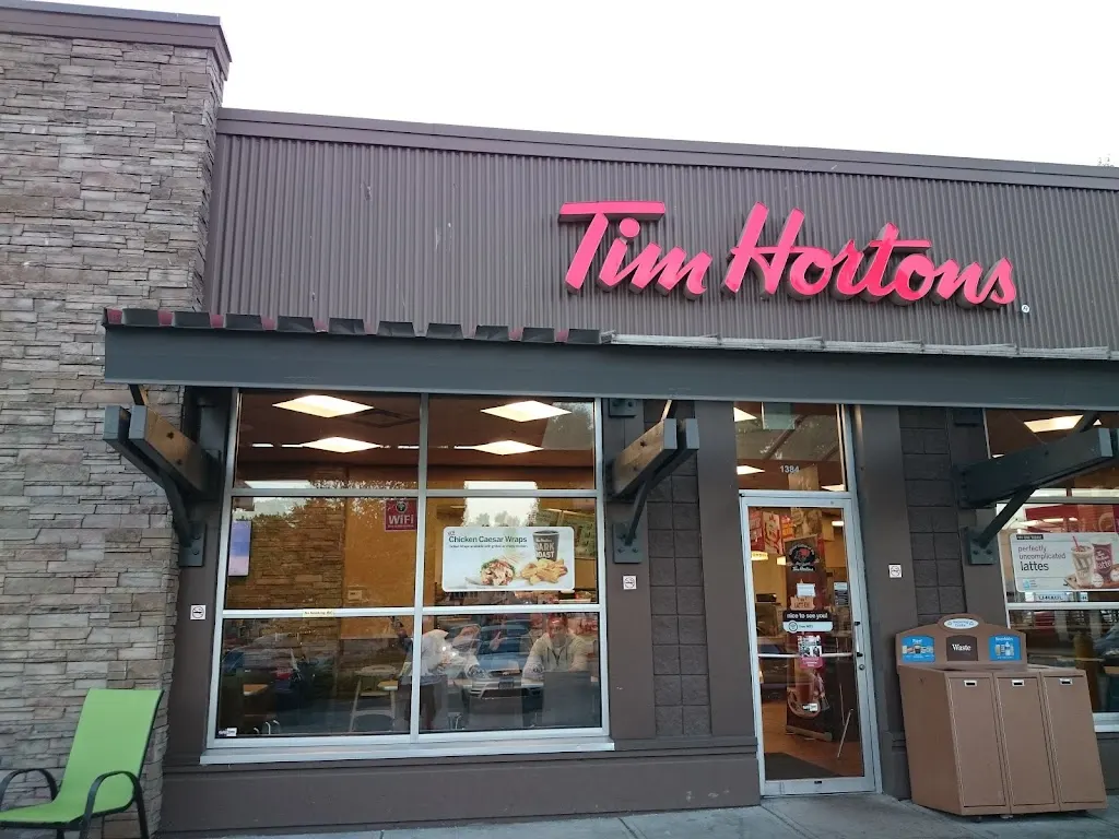 Tim Hortons storefront and interior at 1384 Main St, North Vancouver, BC