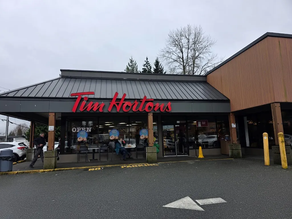 Tim Hortons storefront and interior at 1409 Marine Dr, North Vancouver, BC