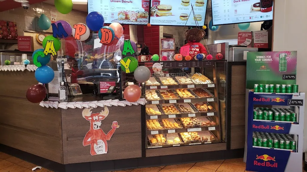 Tim Hortons storefront and interior at 7195 King George Hwy, Surrey, BC