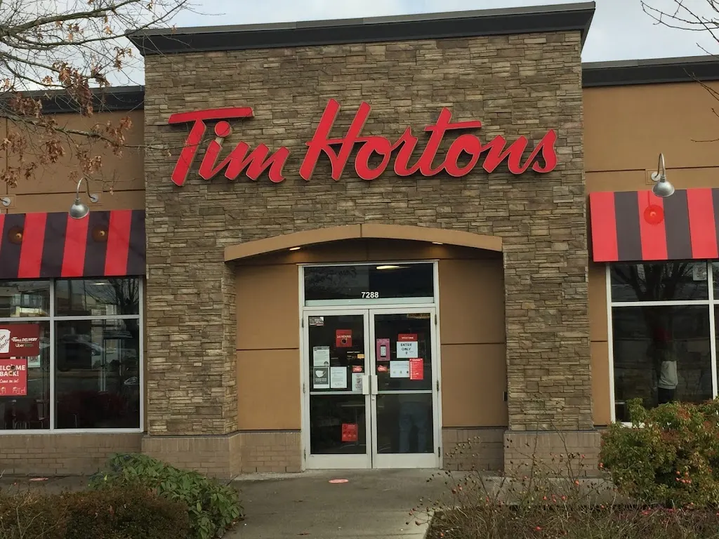 Tim Hortons storefront and interior at 7288 King George Blvd, Surrey, BC