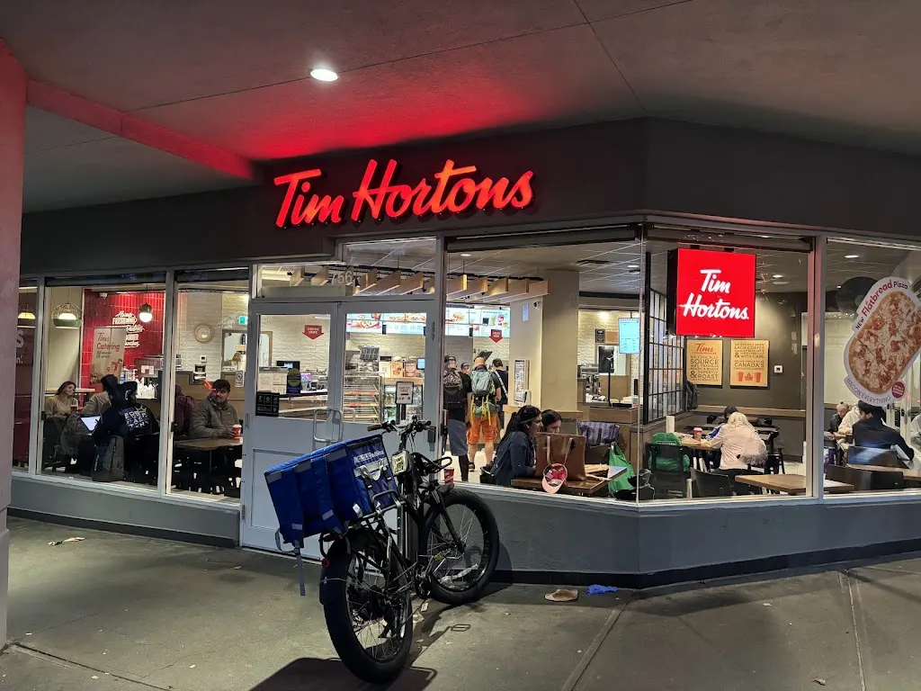 Tim Hortons storefront and interior at 756 Davie St, Vancouver, BC