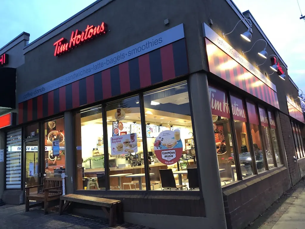 Tim Hortons storefront and interior at 818 West 6th St, Vancouver, BC