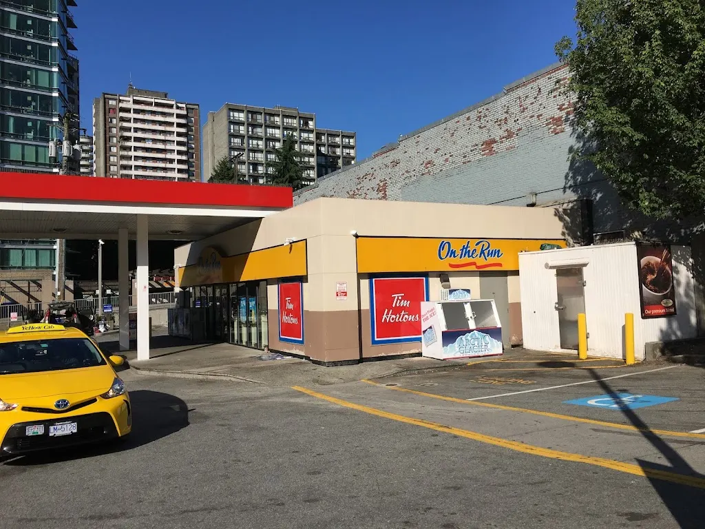 Tim Hortons storefront and interior at 1205 Burrard St, Vancouver, BC